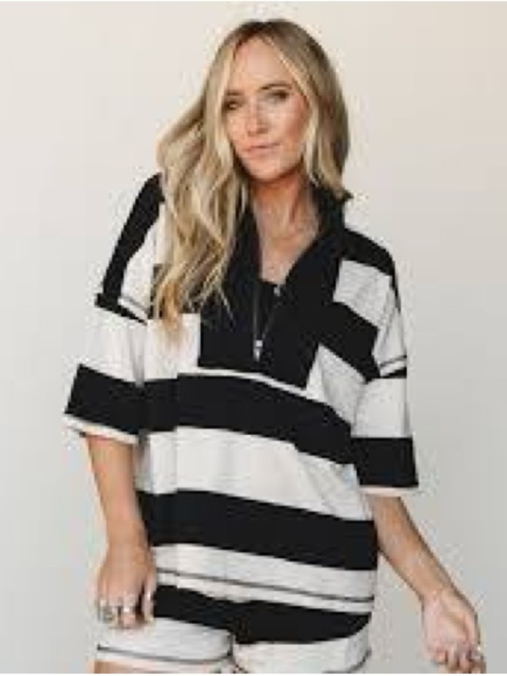 Zenana Outfitters Black & White Striped Half-Zip Top & Short SET